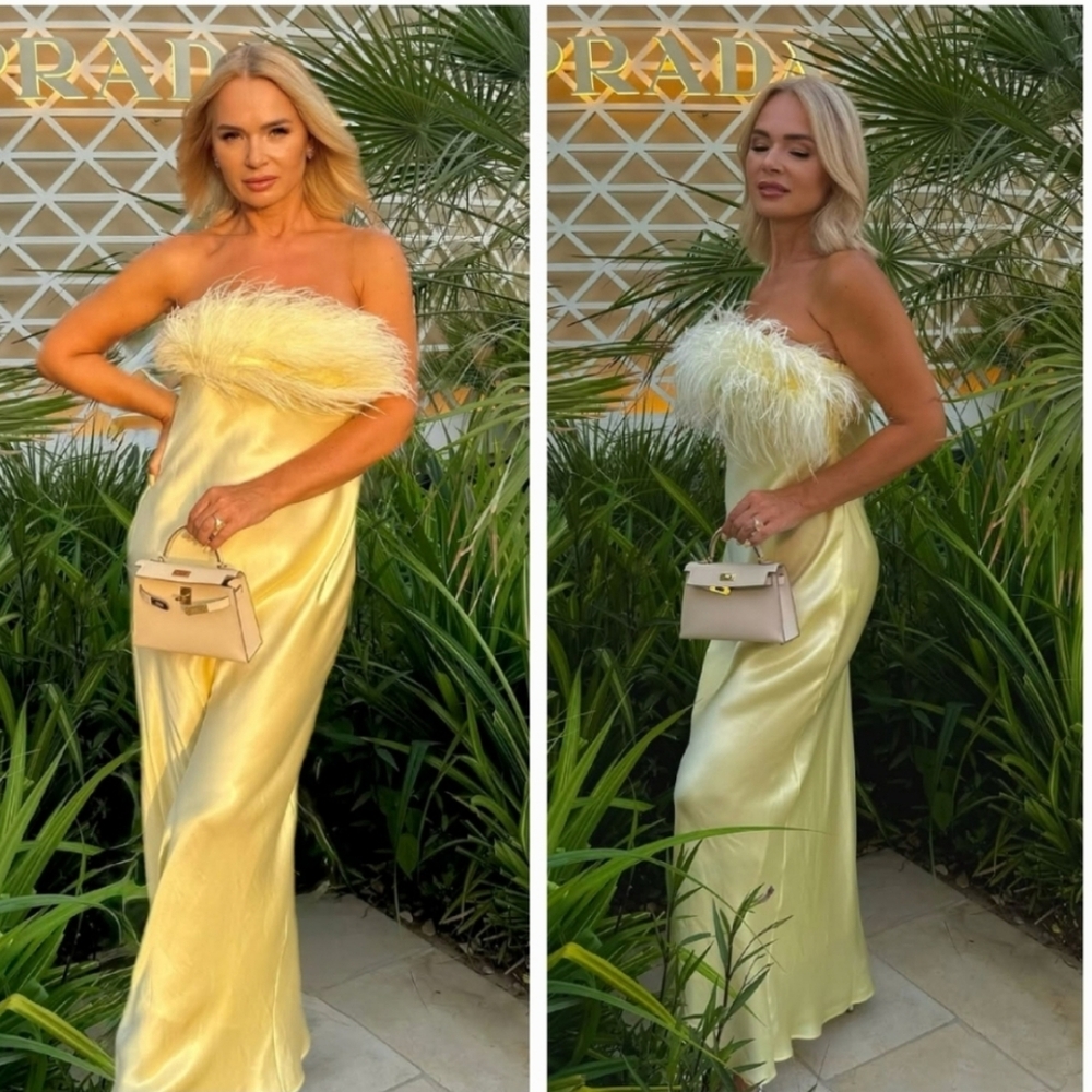 Zara Feathered Satin Midi Dress Yellow Size L - Picture 7 of 16
